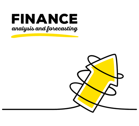 Vector illustration of yellow color arrow going up with black wire and text on white background. Business finance concept. Thin line art flat design of arrow for analysis and forecasting themeのイラスト素材
