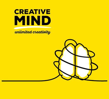 Vector illustration of white color brain with black wire and text on yellow background. Unlimited creativity concept. Thin line art flat design of brain for idea and creative mind themeのイラスト素材
