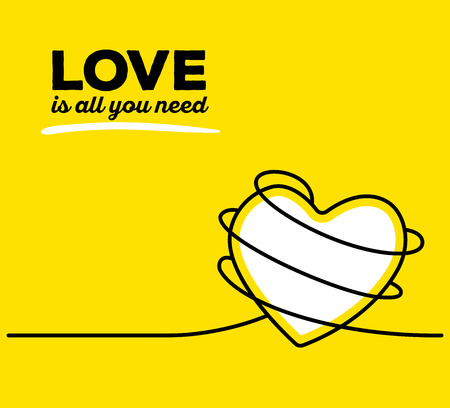 Vector illustration of white color heart with black wire and text on yellow background. Love is all you need concept. Thin line art flat design of heart for love and feelings themeのイラスト素材