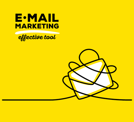 Vector illustration of white color envelope with black wire and text on yellow background. Effective tool concept. Thin line art flat design of envelope for e-mail marketing themeのイラスト素材