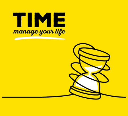 Vector illustration of white color sandglass with black wire and text on yellow background. Manage your life concept. Thin line art flat design of hourglass for time management themeのイラスト素材