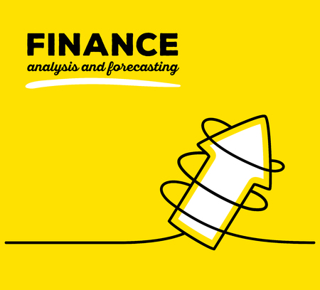 Vector illustration of white color arrow going up with black wire and text on yellow background. Business finance concept. Thin line art flat design of arrow for analysis and forecasting themeのイラスト素材