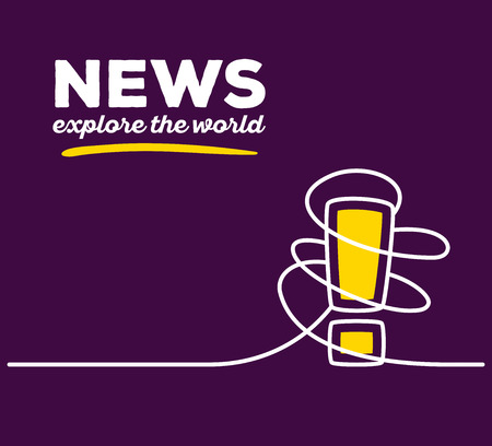 Vector illustration of yellow color exclamation mark with white wire and text on purple background. Explore the world concept. Thin line art flat design of exclamation mark for warning and important information themeのイラスト素材