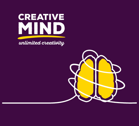 Vector illustration of yellow color brain with white wire and text on purple background. Unlimited creativity concept. Thin line art flat design of brain for idea and creative mind themeのイラスト素材