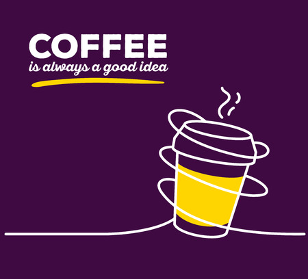 Vector illustration of yellow color takeaway cup coffee with white wire and text on purple background. Coffee is always a good idea concept. Thin line art flat design of coffee cup for coffee break and morning themeのイラスト素材
