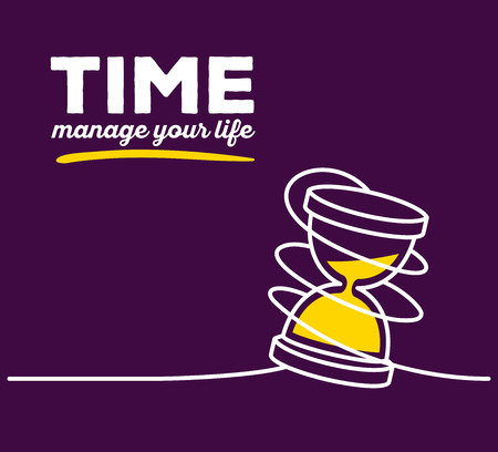 Vector illustration of yellow color sandglass with white wire and text on purple background. Manage your life concept. Thin line art flat design of hourglass for time management themeのイラスト素材