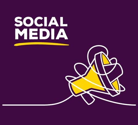 Vector illustration of yellow color megaphone with white wire and text on purple background. Social media concept. Thin line art flat design of megaphone for social media themeのイラスト素材