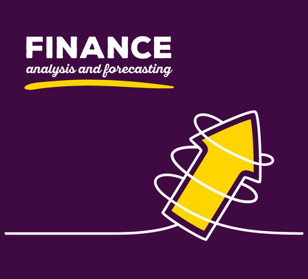 Vector illustration of yellow color arrow going up with white wire and text on purple background. Business finance concept. Thin line art flat design of arrow for analysis and forecasting themeのイラスト素材