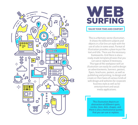 Vector creative concept illustration of web surfing with header and text on white background. Web surfing composition template. Hand draw flat thin line art style monochrome design blue and yellow colors for web surfing themeのイラスト素材