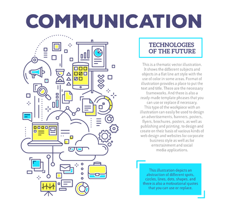 Vector creative concept illustration of communication with header and text on white background. Communication technology composition template. Hand draw flat thin line art style monochrome design blue and yellow colors for social media and online marketinのイラスト素材