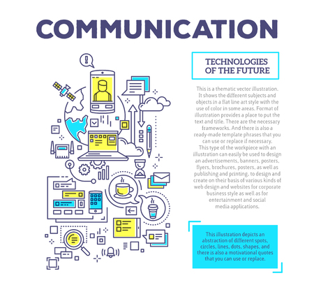 Vector creative concept illustration of communication with header and text on white background. Communication technology composition template. Hand draw flat thin line art style monochrome design blue and yellow colors for global computer network and sociのイラスト素材