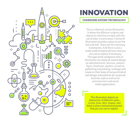 Vector creative concept illustration of innovation with header and text on white background. Innovation technology composition template. Hand draw flat thin line art style monochrome design green and yellow colors for innovation and research themeのイラスト素材