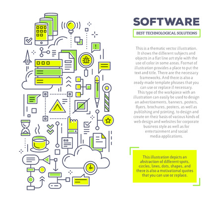 Vector creative concept illustration of application software with header and text on white background. Software technology composition template. Hand draw flat thin line art style monochrome design green and yellow colors for software and application deveのイラスト素材