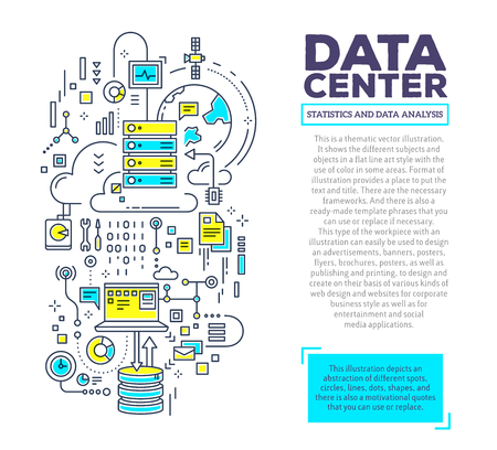 Vector creative concept illustration of data center with header and text on white background. Server technology composition template. Hand draw flat thin line art style monochrome design green and yellow colors for server technology themeのイラスト素材