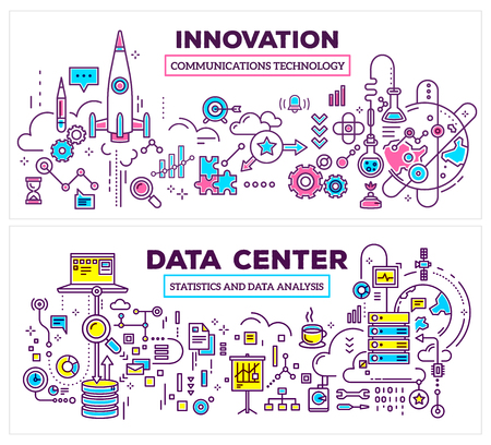 Vector creative concept illustration of data center and innovation technology on white background. Horizontal composition template. Hand draw flat thin line art style monochrome design for server and innovation technology themeのイラスト素材