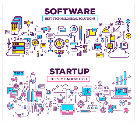 Vector creative concept illustration of software and technology startup on white background. Horizontal composition template. Hand draw flat thin line art style monochrome design for application development and startup technology themeのイラスト素材