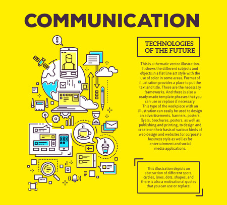 Vector creative concept illustration of communication with header and text on yellow background. Communication technology composition template. Hand draw flat thin line art style monochrome design for global computer network and social media themeのイラスト素材