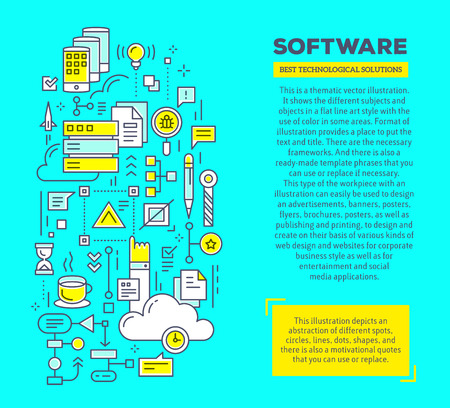 Vector creative concept illustration of application software with header and text on blue background. Software technology composition template. Hand draw flat thin line art style monochrome design for software and application development themeのイラスト素材