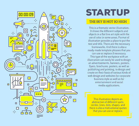 Vector creative concept illustration of startup with header and text on blue background. Technology startup composition template. Hand draw flat thin line art style monochrome design for technology startup themeのイラスト素材