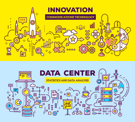 Vector creative concept illustration of data center and innovation technology. Horizontal composition template. Hand draw flat thin line art style monochrome design for server and innovation technology themeのイラスト素材