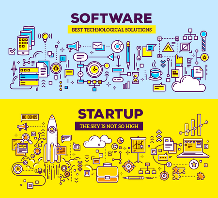 Vector creative concept illustration of software and technology startup. Horizontal composition template. Hand draw flat thin line art style monochrome design for application development and startup technology themeのイラスト素材