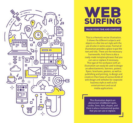 Vector creative concept illustration of web surfing with header and text. Web surfing composition template background. Hand draw flat thin line art style monochrome design for web surfing themeのイラスト素材