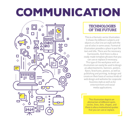 Vector creative concept illustration of communication with header and text. Communication technology composition template background. Hand draw flat thin line art style monochrome design for social media and online marketing themeのイラスト素材