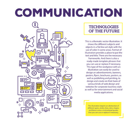 Vector creative concept illustration of communication with header and text on white background. Communication technology composition template. Hand draw flat thin line art style monochrome design for global computer network and social media themeのイラスト素材