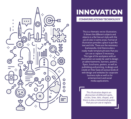 Vector creative concept illustration of innovation with header and text. Innovation technology composition template background. Hand draw flat thin line art style monochrome design for innovation and research themeのイラスト素材