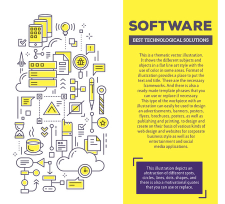 Vector creative concept illustration of application software with header and text. Software technology composition template background. Hand draw flat thin line art style monochrome design for software and application development themeのイラスト素材