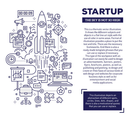 Vector creative concept illustration of startup with header and text on white background. Technology startup composition template. Hand draw flat thin line art style monochrome design for technology startup themeのイラスト素材