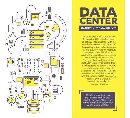 Vector creative concept illustration of data center with header and text. Server technology composition template background. Hand draw flat thin line art style monochrome design for server technology themeのイラスト素材