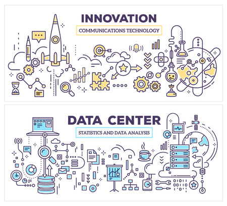 Vector creative concept illustration of data center and innovation technology. Horizontal composition template. Hand draw flat thin line art style monochrome design for server and innovation technology themeのイラスト素材