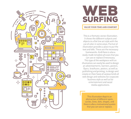 Vector creative concept illustration of web surfing with header and text. Web surfing composition template background. Hand draw flat thin line art style monochrome design for web surfing themeのイラスト素材
