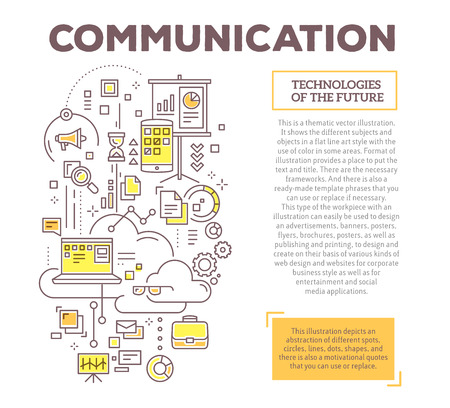 Vector creative concept illustration of communication with header and text. Communication technology composition template background. Hand draw flat thin line art style monochrome design for social media and online marketing themeのイラスト素材