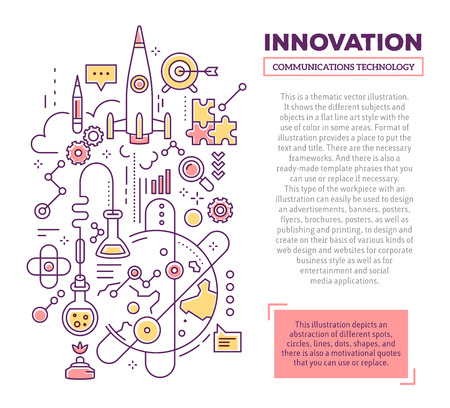 Vector creative concept illustration of innovation with header and text. Innovation technology composition template background. Hand draw flat thin line art style monochrome design for innovation and research themeのイラスト素材