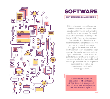 Vector creative concept illustration of application software with header and text. Software technology composition template background. Hand draw flat thin line art style monochrome design for software and application development themeのイラスト素材