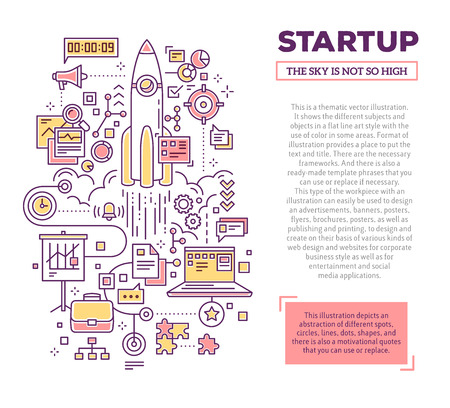 Vector creative concept illustration of startup with header and text on white background. Technology startup composition template. Hand draw flat thin line art style monochrome design for technology startup themeのイラスト素材