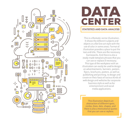 Vector creative concept illustration of data center with header and text. Server technology composition template background. Hand draw flat thin line art style monochrome design for server technology themeのイラスト素材