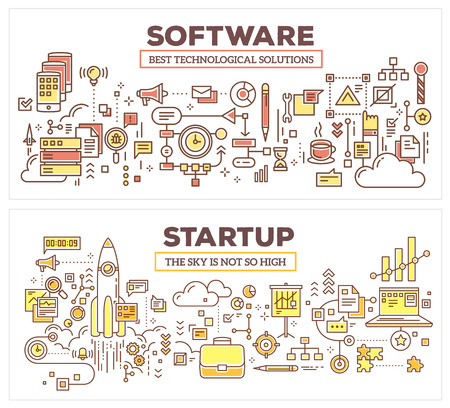Vector creative concept illustration of software and technology startup. Horizontal composition template. Hand draw flat thin line art style monochrome design for application development and startup technology themeのイラスト素材