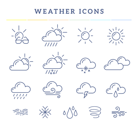 Vector illustration of blue weather theme icon set on white background with title. Thin line art flat weather design for web, site, widget, interface and mobile applicationのイラスト素材