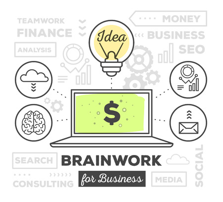 Vector illustration of creative professional process of brainwork with gray keywords on white background. Draw line art style monochrome design with green color for web, site, advertising, banner, poster, printのイラスト素材