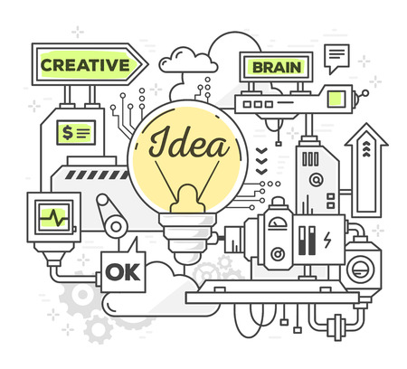 Vector illustration of creative professional mechanism to find ideas on white background. Draw line art style monochrome design with green and yellow colors for web, site, advertising, banner, poster, printのイラスト素材