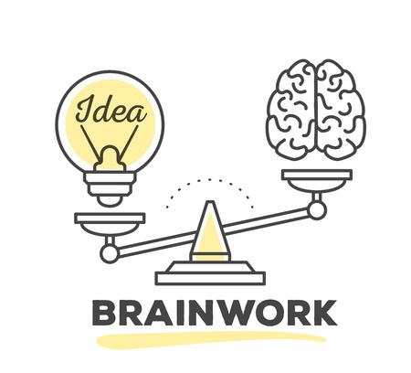 Vector illustration of mechanism to compare value of brainwork and idea on scales on white background with text. Draw line art style monochrome design with yellow color for web, site, advertising, banner, poster, print.のイラスト素材