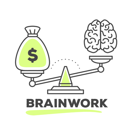 Vector illustration of mechanism to compare value of brainwork and money on scales on white background with text. Draw line art style monochrome design with green color for web, site, advertising, banner, poster, print.のイラスト素材