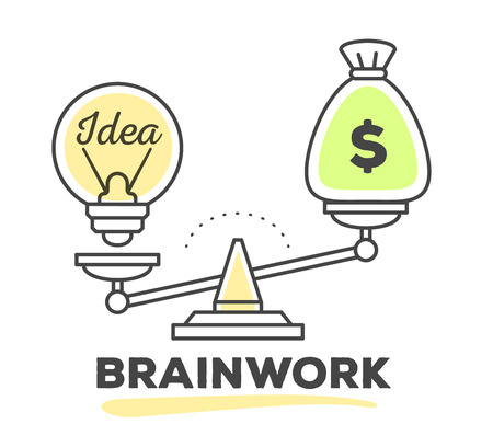 Vector illustration of mechanism to compare value of money and idea on scales on white background with text. Draw line art style monochrome design with green and yellow colors for web, site, advertising, banner, poster, print.のイラスト素材