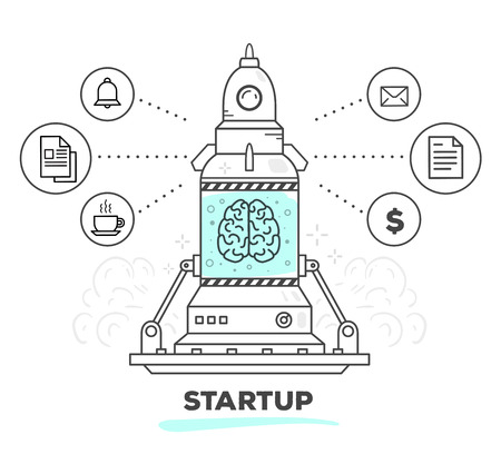 Vector illustration of creative professional mechanism of startup with business icons on white background. Draw flat thin line art style monochrome design with blue color. Modern concept to start a businessのイラスト素材