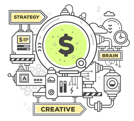 Vector illustration of creative professional mechanism to make money on white background. Draw flat thin line art style monochrome design with green and yellow colors.  Modern concept to make money in businessのイラスト素材