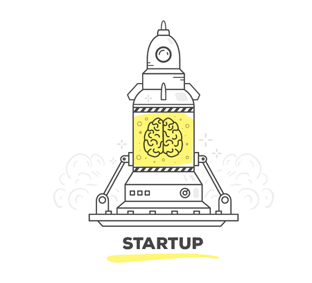 Vector illustration of creative professional mechanism of startup with text on white background. Draw flat thin line art style monochrome design with yellow color for web, site, advertising, banner, poster, printのイラスト素材