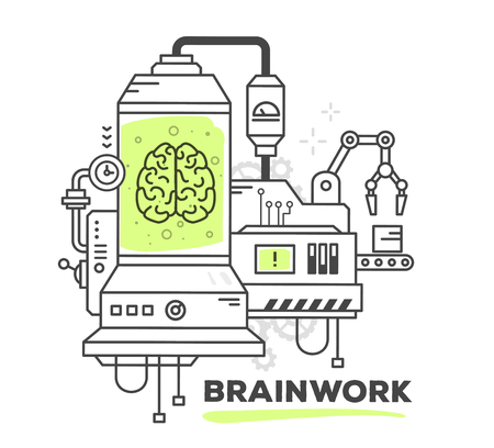 Vector illustration of creative professional mechanism of brainwork on white background. Draw line art style monochrome design with green color for web, site, advertising, banner, poster, printのイラスト素材
